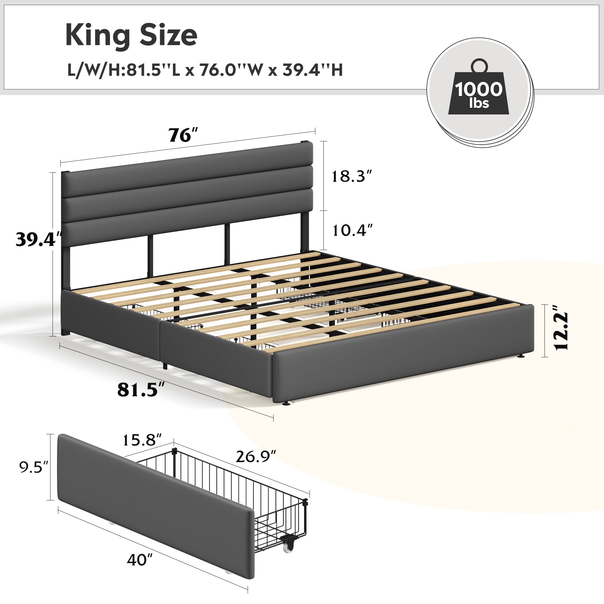 GALAXHERO King Size Upholstered Bed Frame with 4 Storage Drawers and Headboard, Velvet Platform Bedframe, Sturdy Metal & Wooden Slats Support, No Box Spring Needed, Easy Assembly