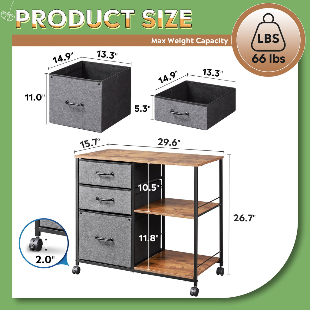 GALAXHERO 3-Drawer Mobile File Cabinet with Storage Shelf, Rolling Fabric Filing Cabinet and Printer Stand