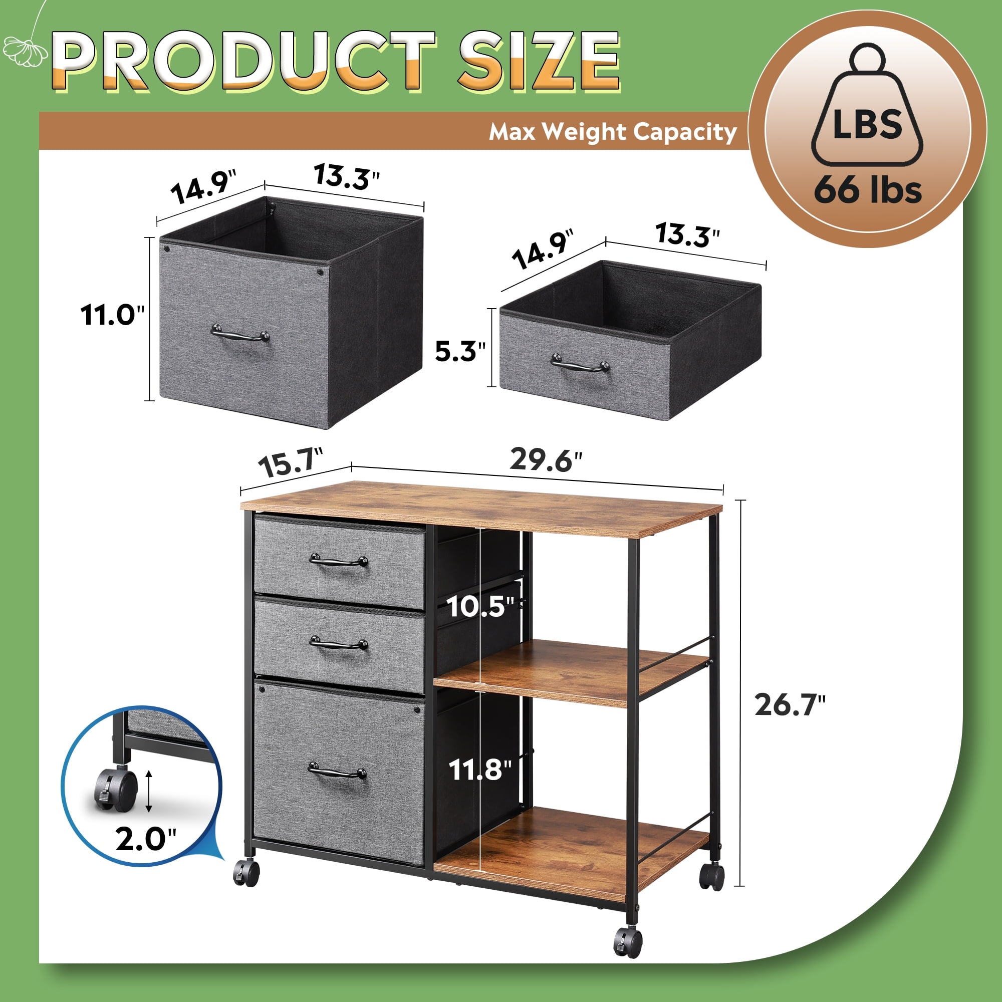 GALAXHERO 3-Drawer Mobile File Cabinet with Storage Shelf, Rolling Fabric Filing Cabinet and Printer Stand