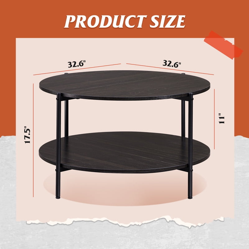 GALAXHERO Round Small Coffee Table 32.6" with Open Storage Shelf 2-Tier Industrial Circle Wood Center Table for Living Room Bedroom