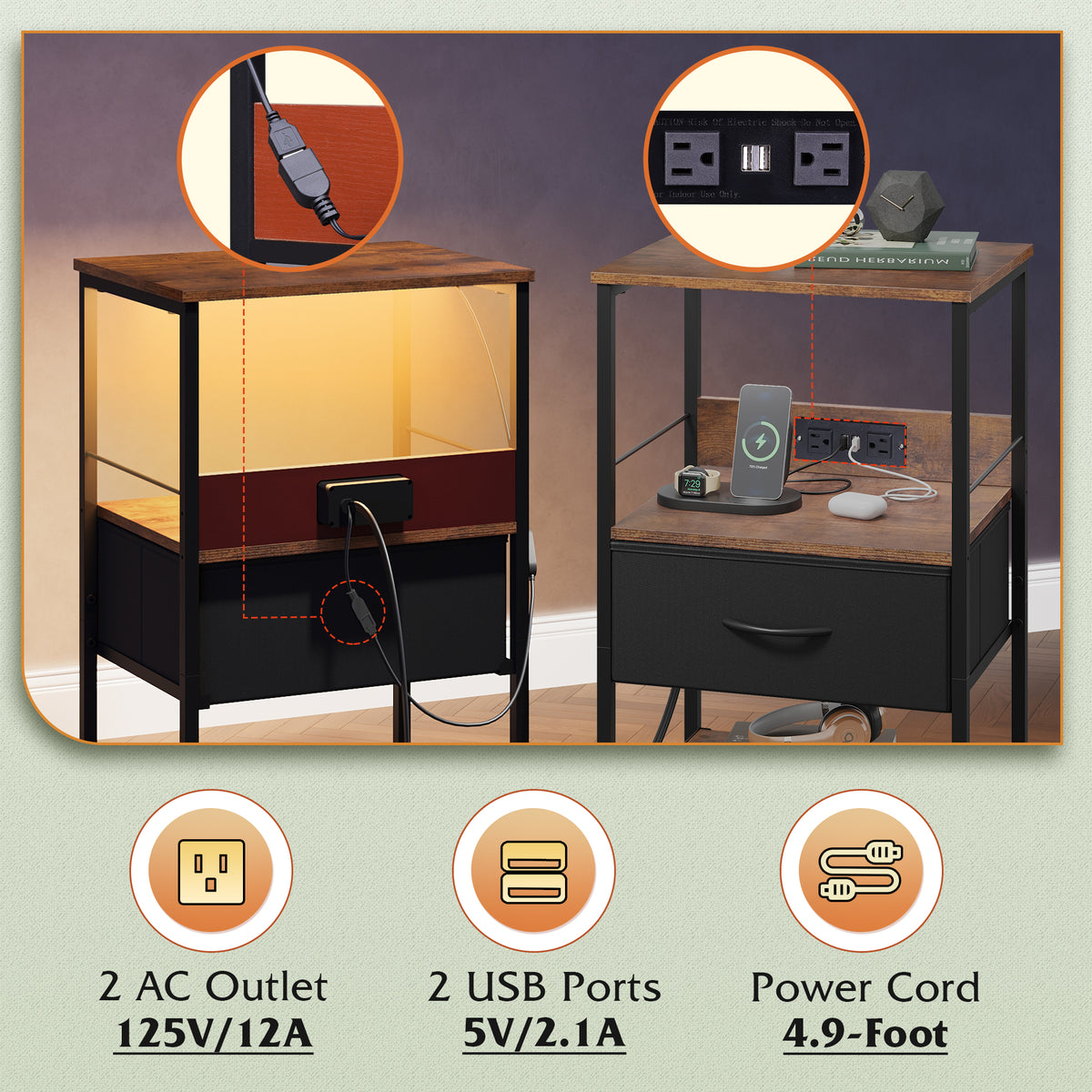 GALAXHERO LED Nightstand with Charging Station, Small Dresser with Drawer and Storage Shelfs for Bedroom