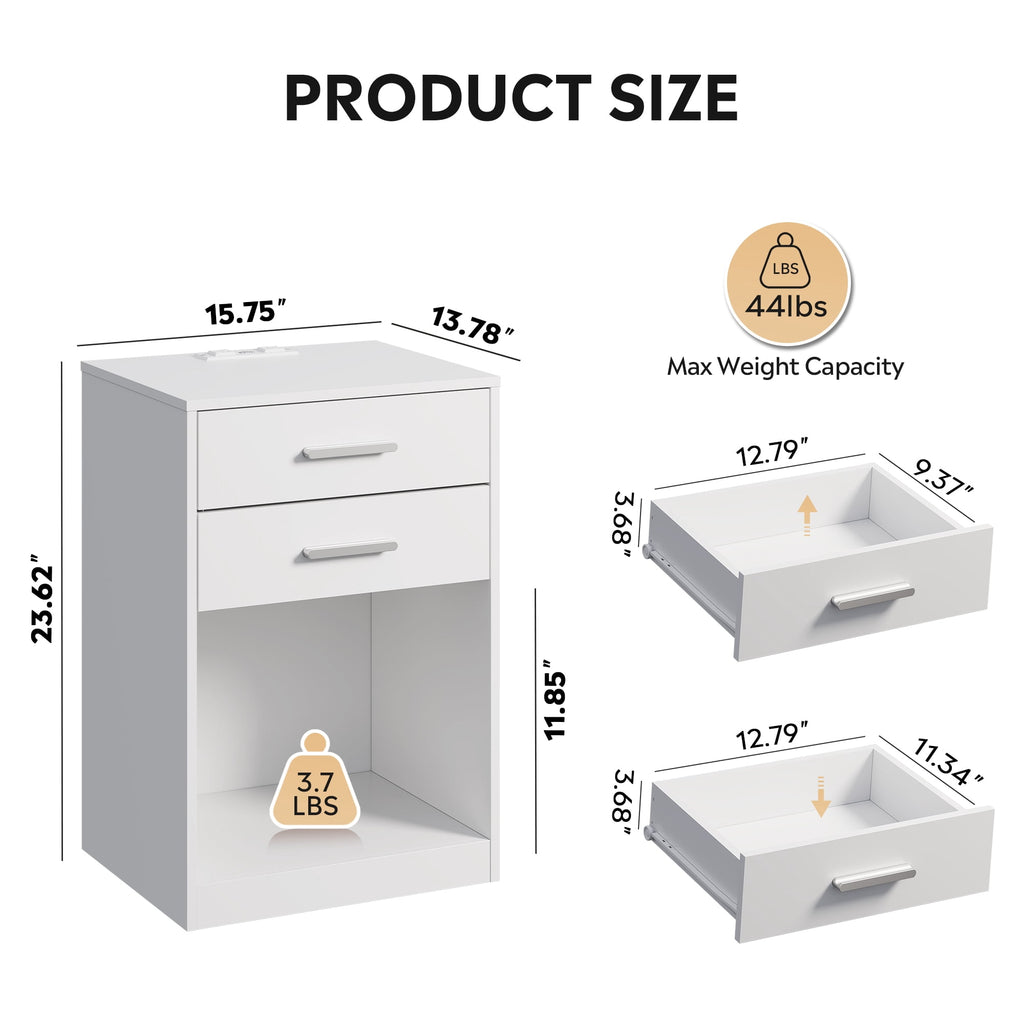 GALAXHERO Nightstand Set of 2 with Charging Station and 2 Drawers, Wood Bedside Table End Table with Open Shelf for Bedroom, Living Room