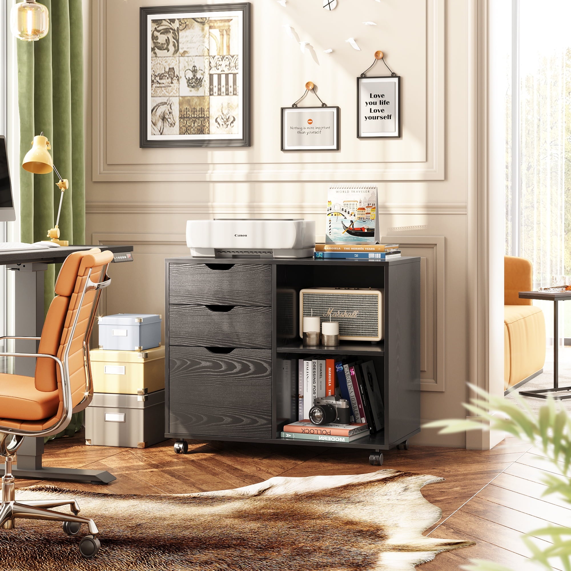 GALAXHERO File Cabinet 3-Drawer Wood Mobile Lateral Cabinet for Home Office with Printer Stand and Open Storage Shelves