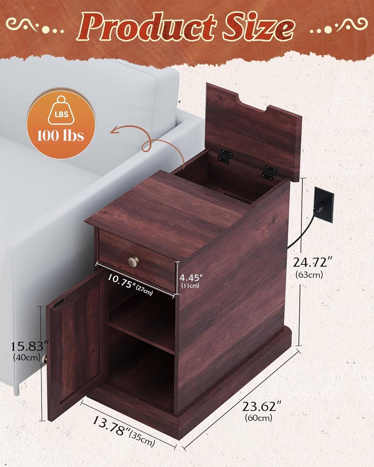 GALAXHERO End Table Narrow Side Table for Living Room, Farmhouse Night Stand with Storage Drawer, Small Wooden Nightstand with Concealed Outlets