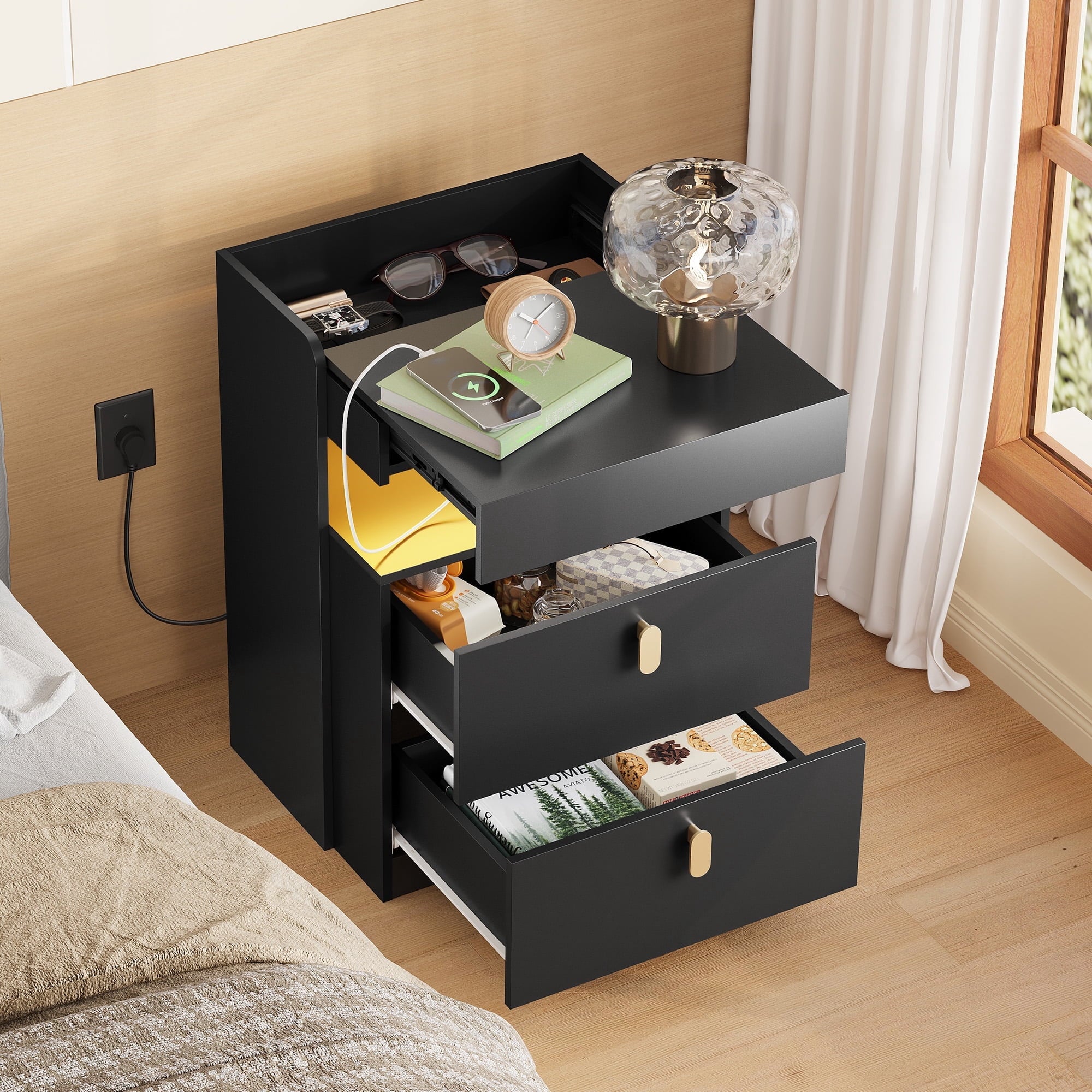 GALAXHERO 2 Drawer Nightstand with Charging Station and LED Lights, Modern Bedside Tables with Sliding Top for Bedroom, Wood End Table for Living Room