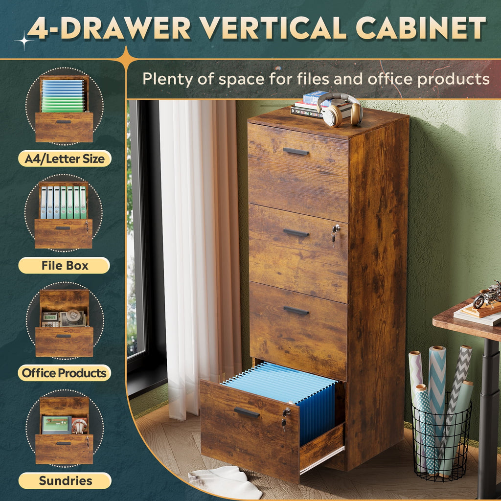 GALAXHERO 4 Drawer File Cabinet, Vertical Filing Cabinet with Lock and Key, Wood Storage Organizer for Home Office, Fit Letter/A4