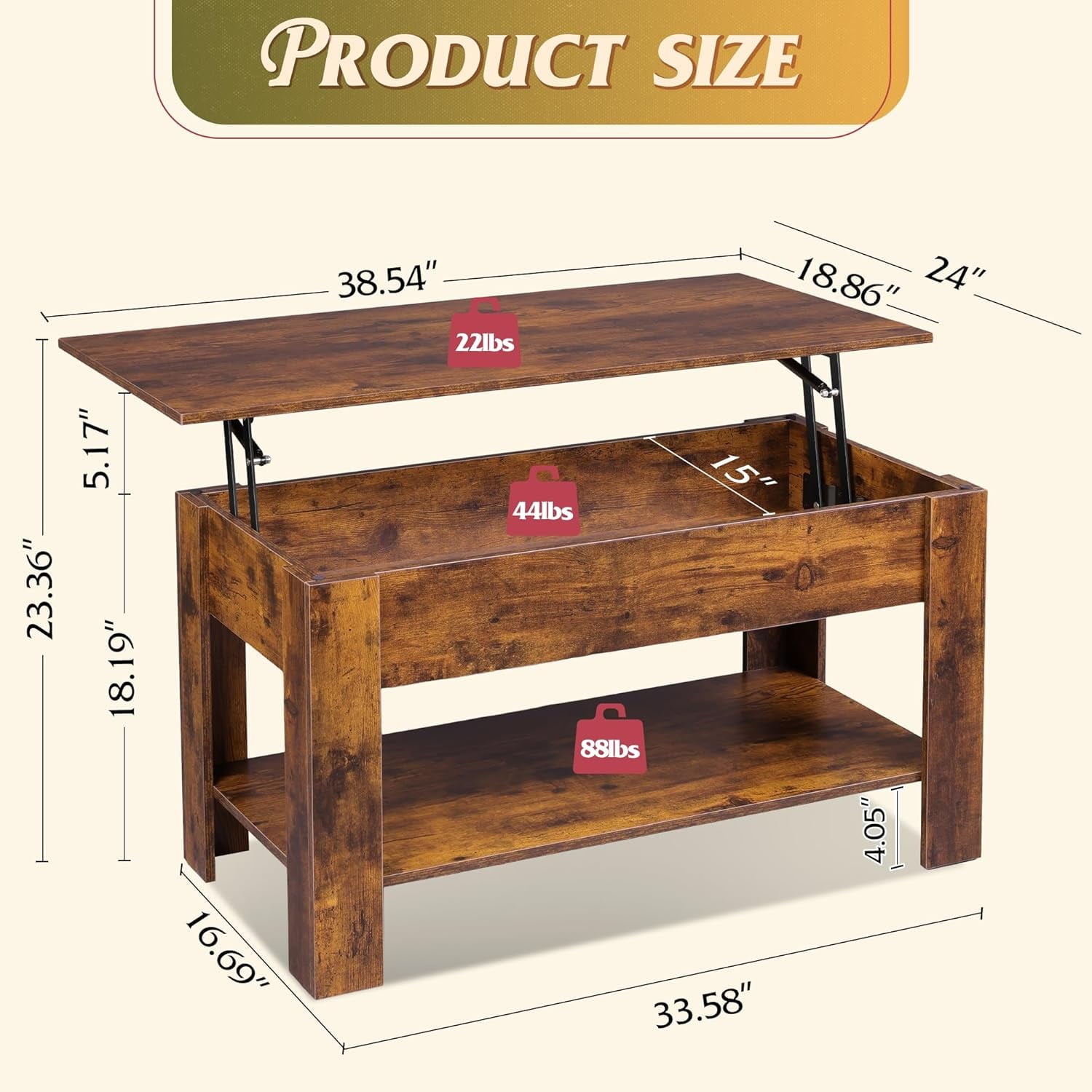 GALAXHERO 39" Lift Top Coffee Table with Storage Shelf & Hidden Compartment and Lifting Top for Home Living Room Office and Reception Room Rustic Brown