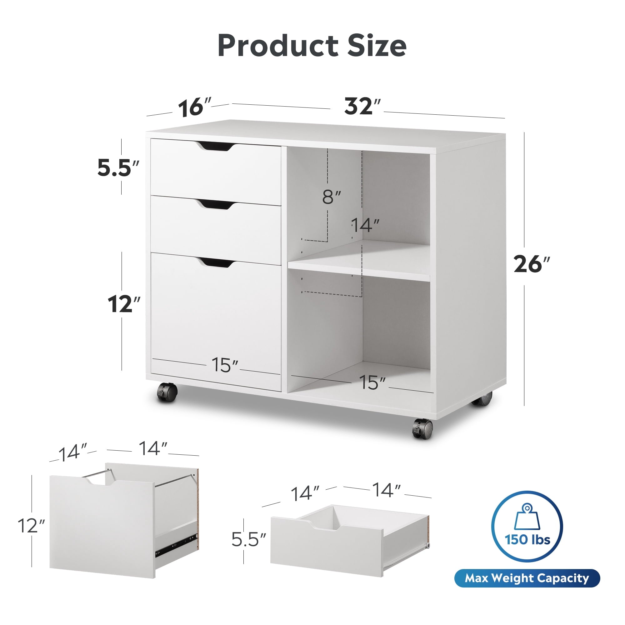 GALAXHERO 3 Drawer File Cabinet, Mobile Printer Stand with Storage Shelves, Wood Lateral Filing Cabinet, Office Storage Cabinet for Home Office, White