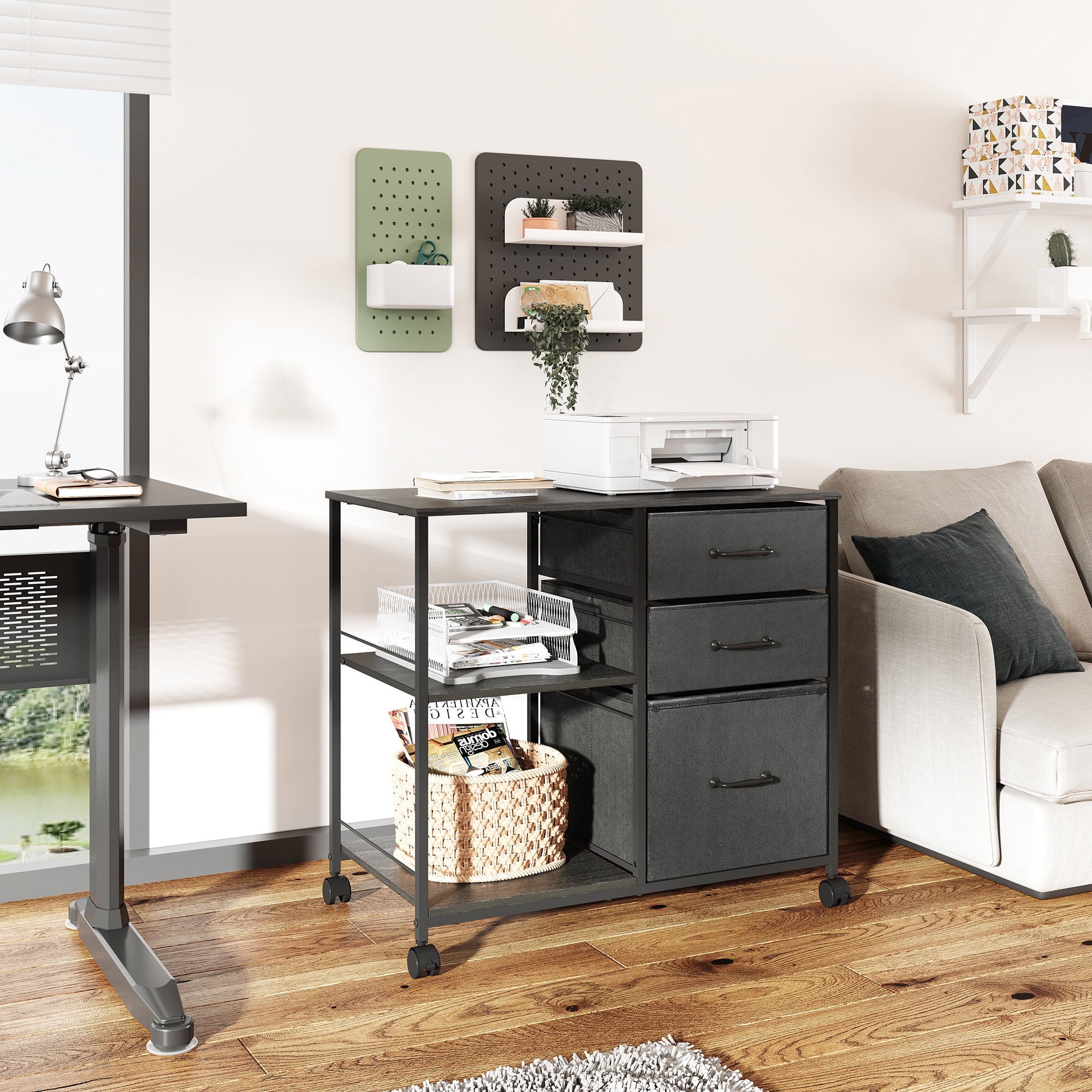 GALAXHERO 3-Drawer Mobile File Cabinet with Storage Shelf, Rolling Fabric Filing Cabinet and Printer Stand, Black