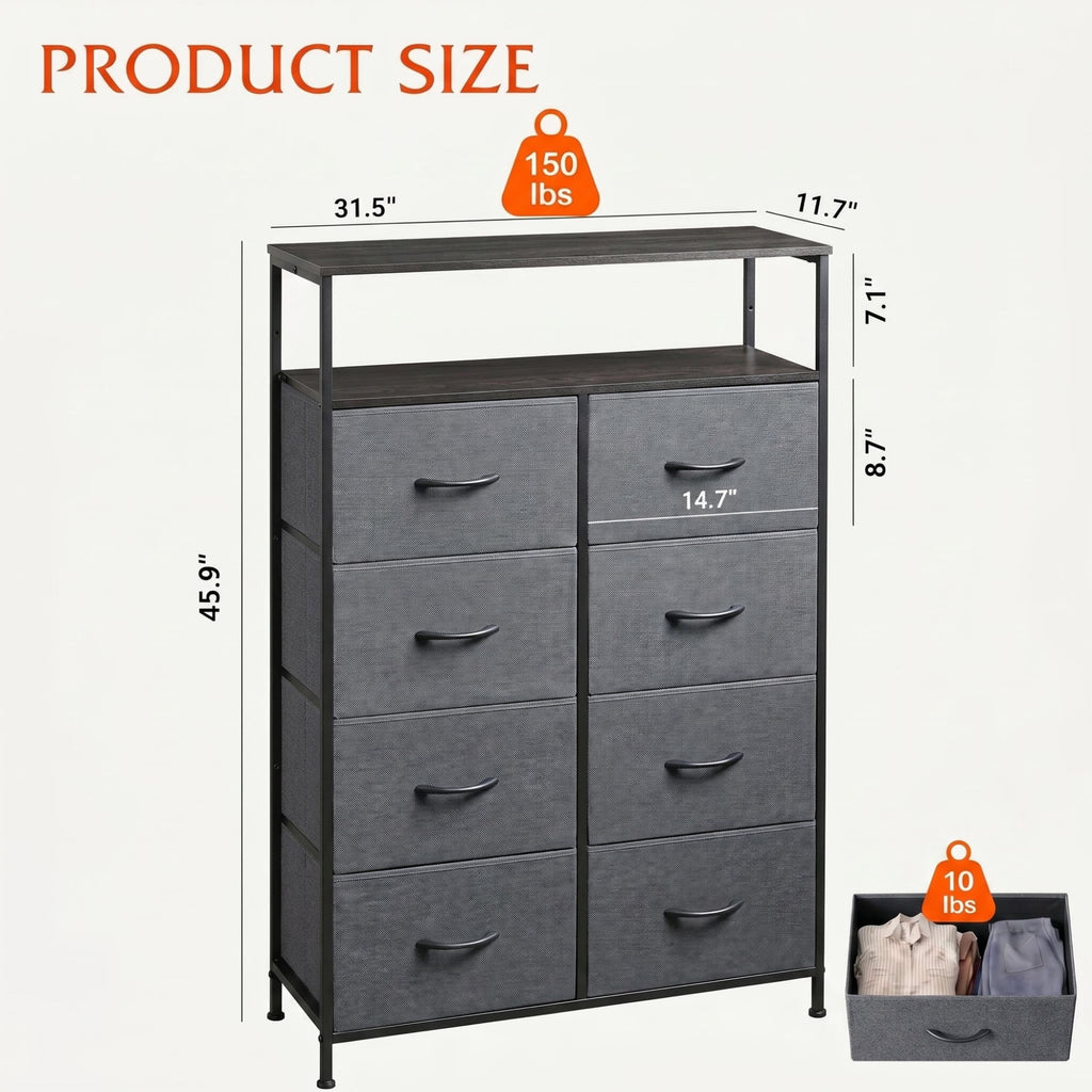 GALAXHERO 8-Drawer Fabric Dresser with Open Shelves, Tall Chest of Drawers with Wooden Top, Storage Tower for Entryway, Bedroom & Closet