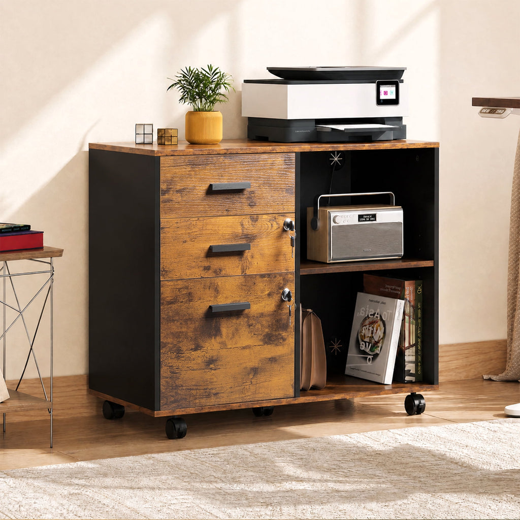GALAXHERO 3-Drawer File Cabinet with Lock and Key, Mobile Wood Lateral Filing Cabinet & Printer Stand with Open Shelves for Home Office