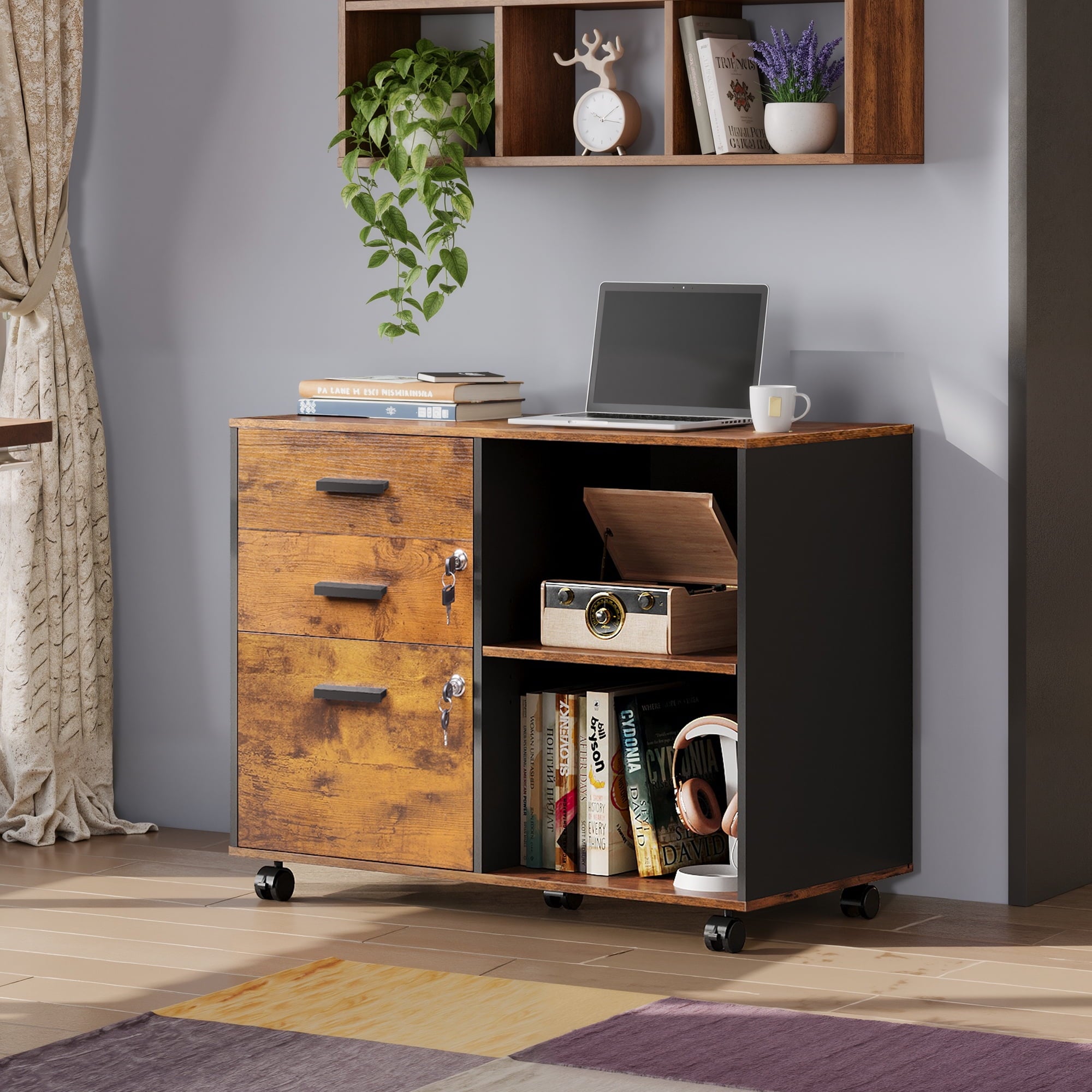 GALAXHERO 3-Drawer Locking Wood File Cabinet, Mobile Lateral Filing Cabinet, Printer Stand with Open Storage Shelves for Home Office