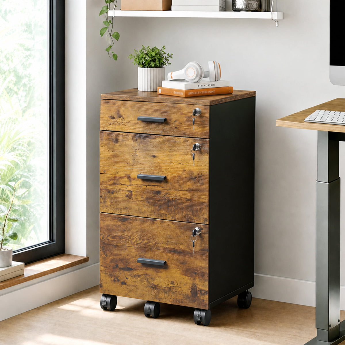 GALAXHERO Filing Cabinet with Lock and Key, 3 Drawer Rolling File Cabinet, Wood Storage Locker, Fits Letter/A4 Size