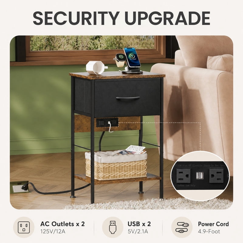 GALAXHERO Nightstand with Charging Station, Small Dresser with Drawer and Storage Shelfs for Bedroom