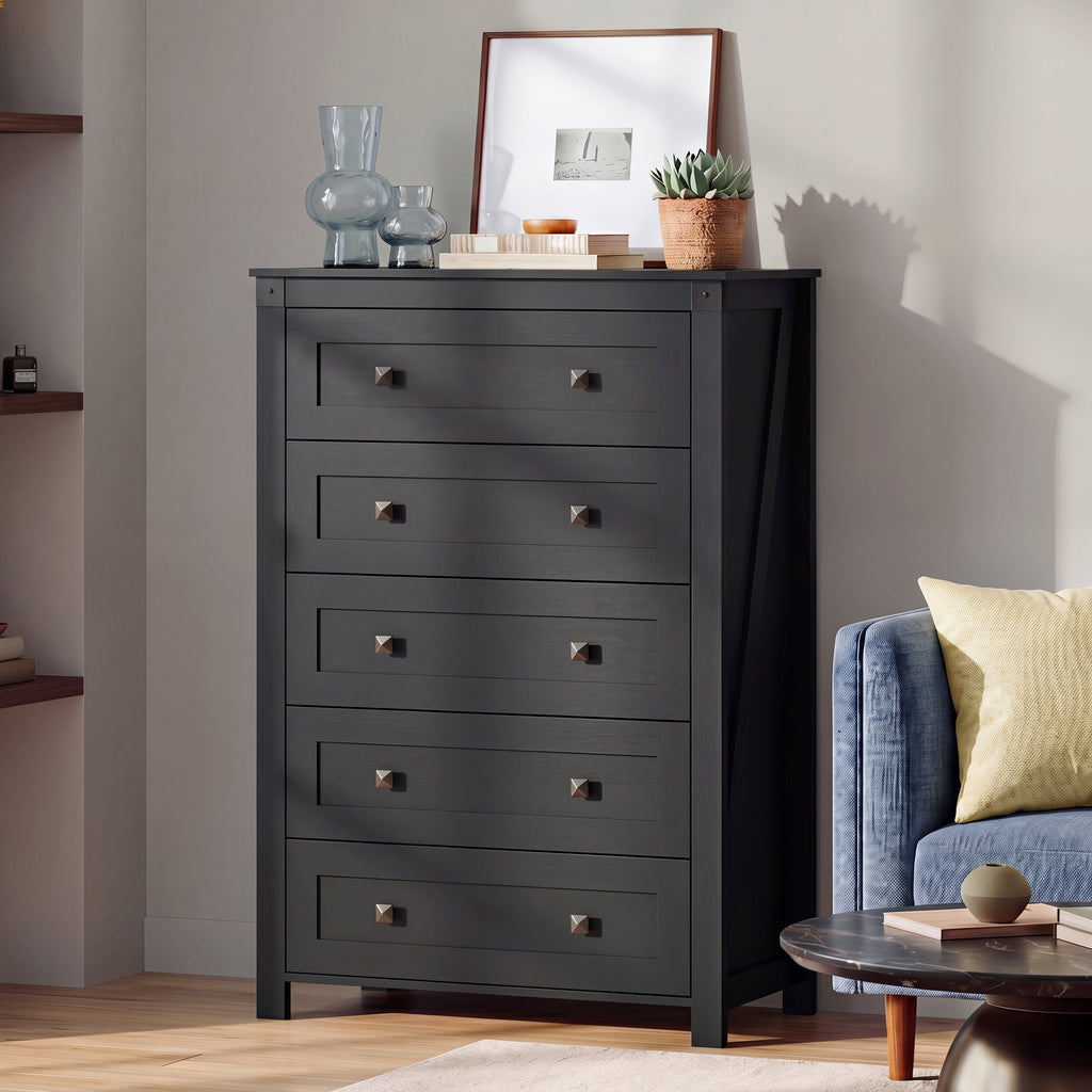 GALAXHERO Farmhouse 5 Drawer Dresser,Tall Dresser with Double Rustic Handles, Wood Chest of Drawers for Bedroom, Living Room, Hallway