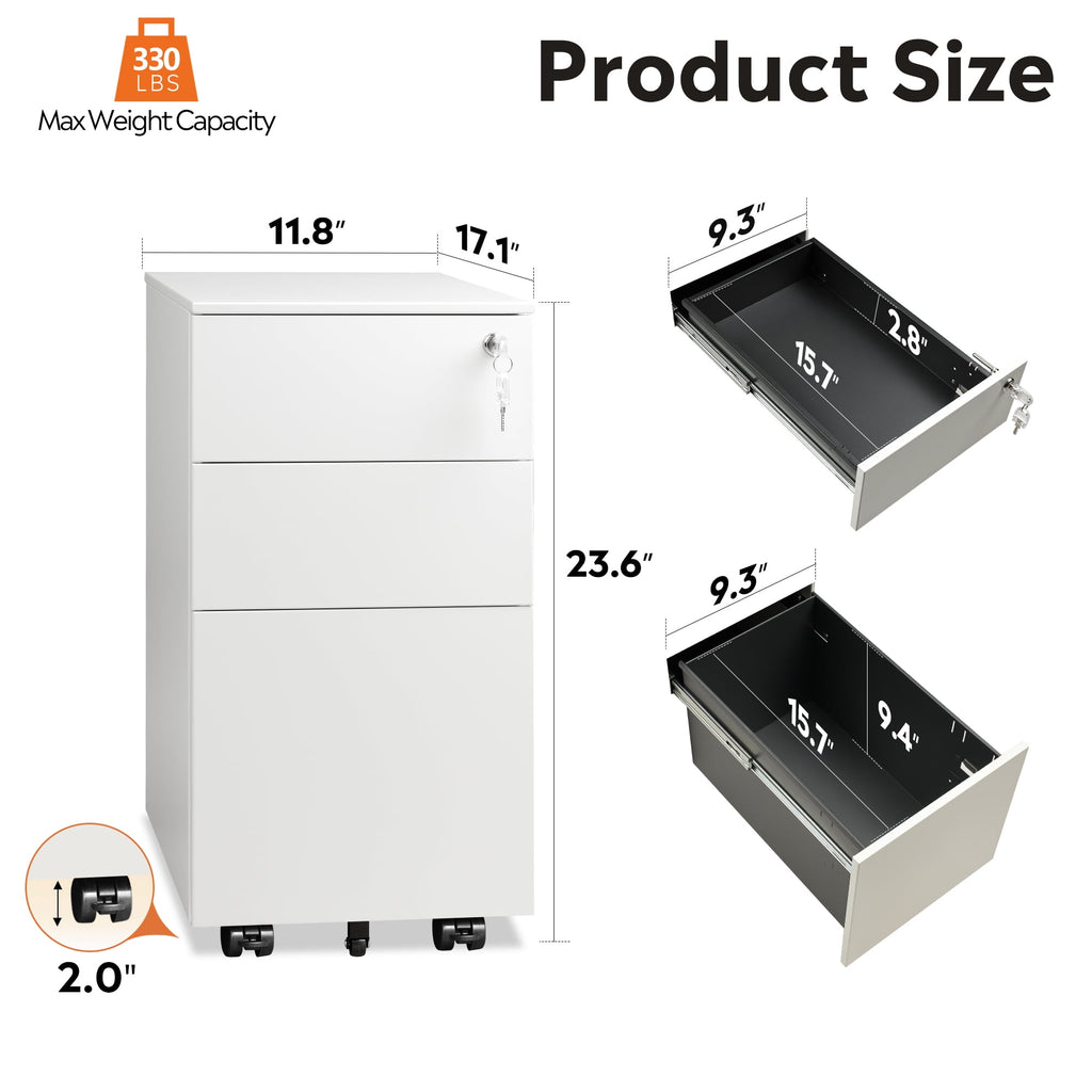 GALAXHERO 3 Drawer File Cabinet, Fully Assembled Except Casters, Metal Under Desk Cabinet with Lock, Rolling Filing Cabinet for Home Office, Legal/Letter Size