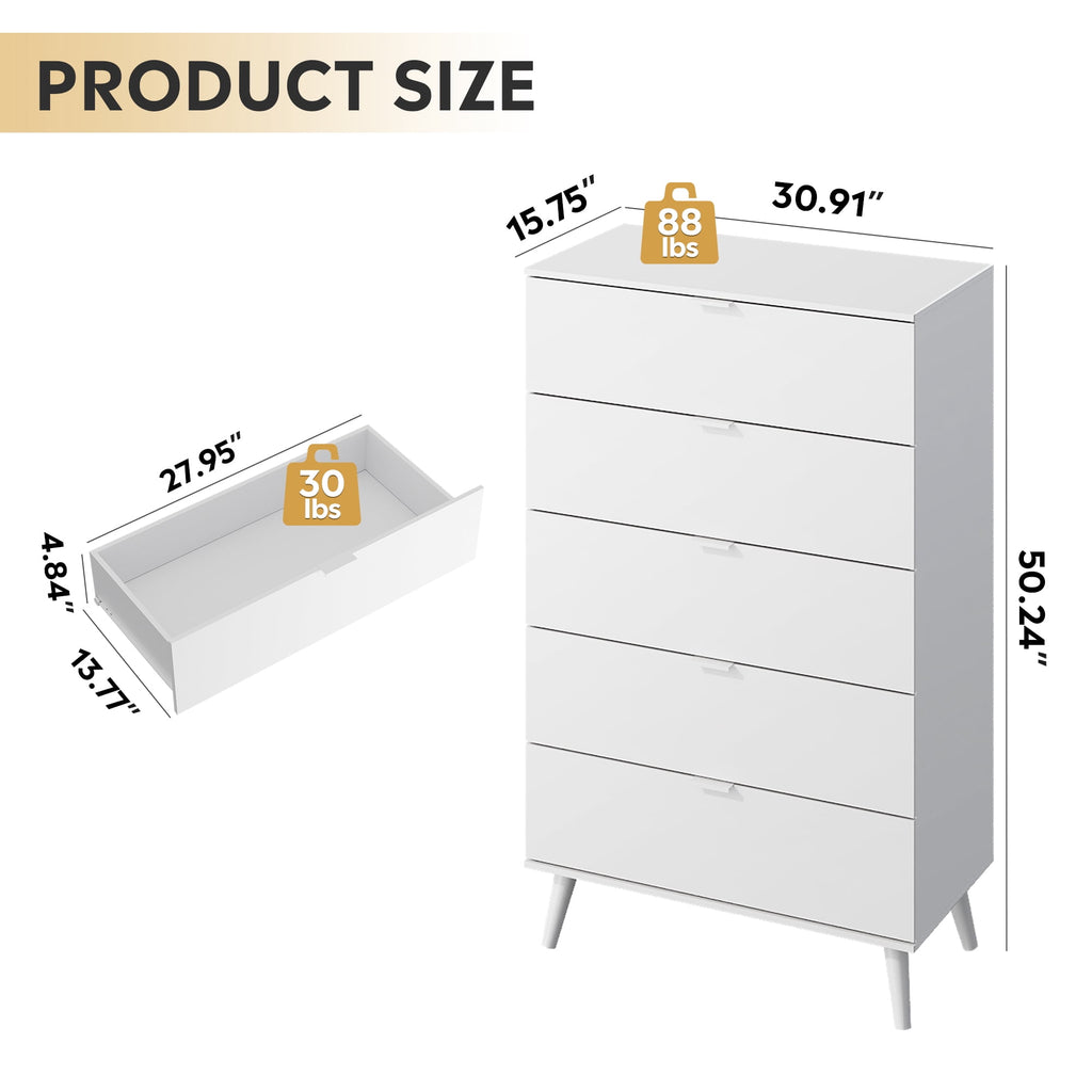 GALAXHERO 5 Drawer Dresser for Bedroom, Tall Dresser, Wooden Storage Organizer with Sturdy Metal Handle, Chest of Drawers for Living Room, Hallway, Closet
