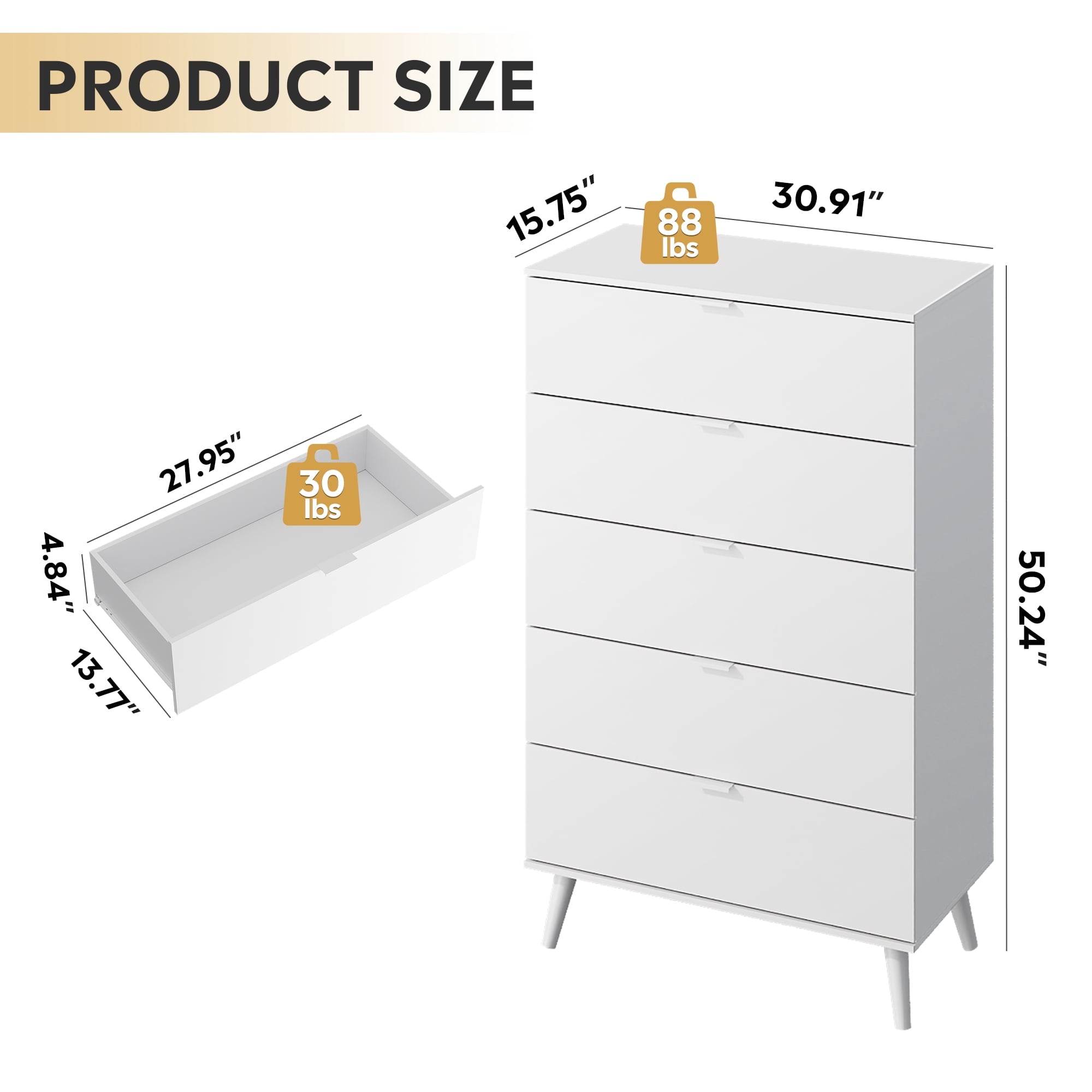 GALAXHERO 5 Drawer Dresser for Bedroom, Tall Dresser, Wooden Storage Organizer with Sturdy Metal Handle, Chest of Drawers for Living Room, Hallway, Closet