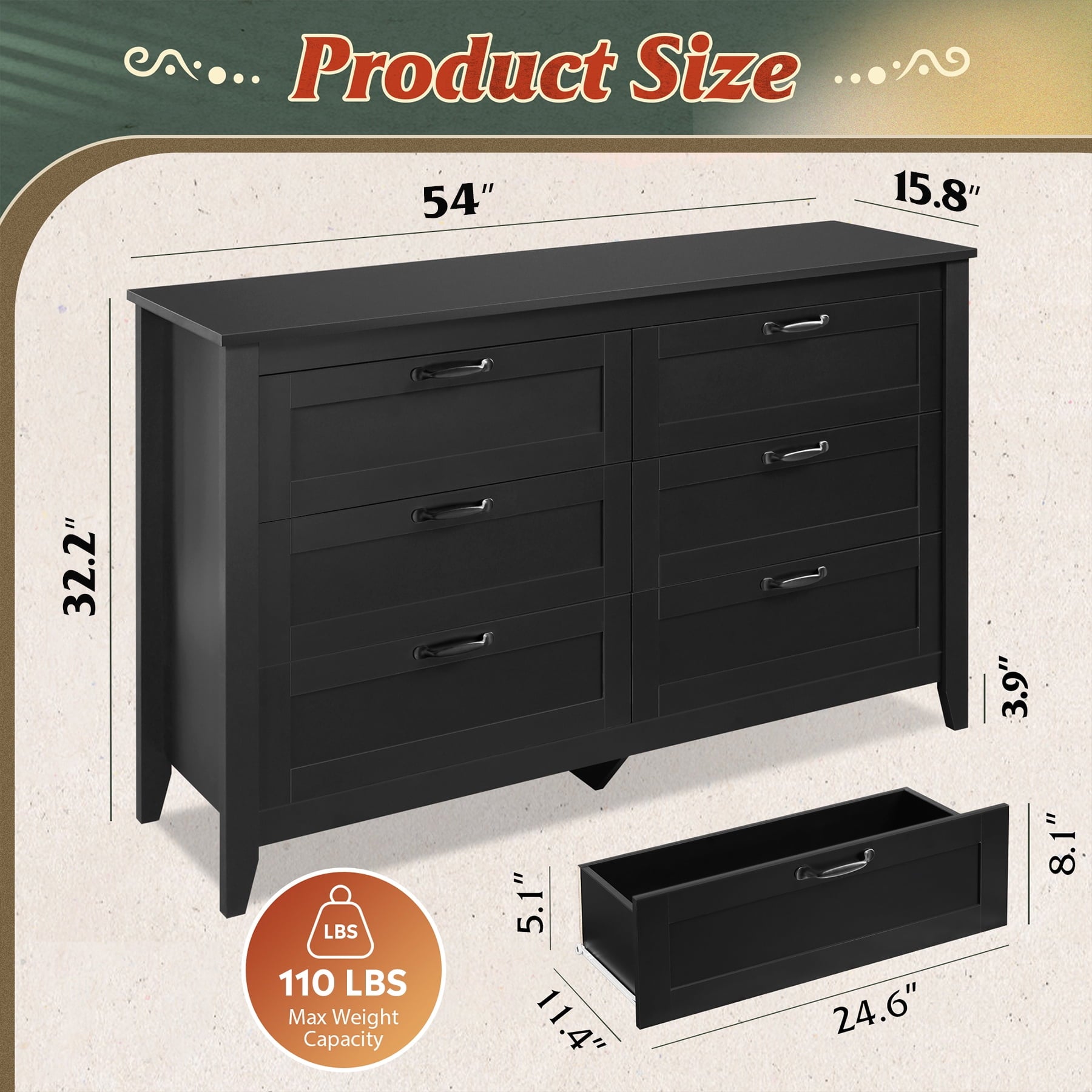 GALAXHERO 6-Drawer Double Wood Dresser - Farmhouse Chest of Drawers with Metal Handles for Bedroom, Living Room, Entryway