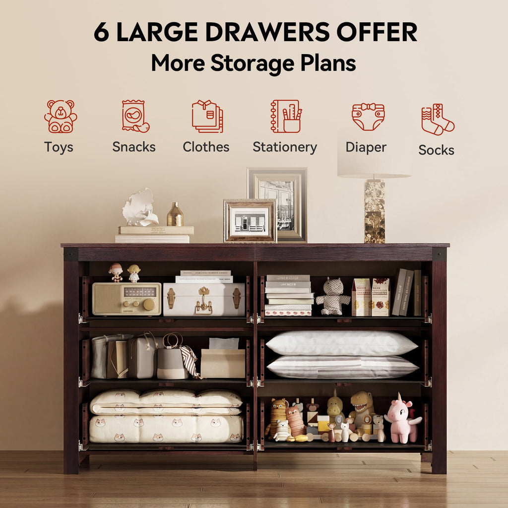 GALAXHERO Farmhouse 6 Drawer Dresser, Wood Dresser with Double Rustic Handles, TV Stand for 60" TV for Living Room, 53.07'' Wide Chest of Drawers for Bedroom, Hallway