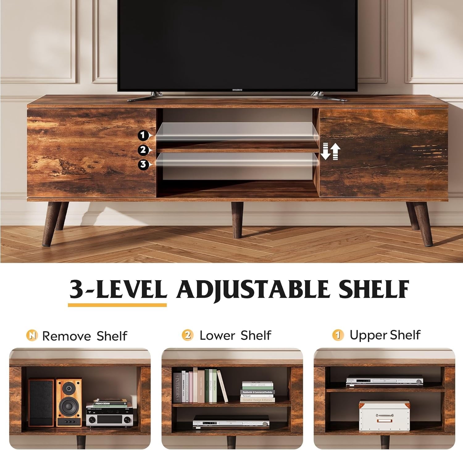 GALAXHERO TV Stand for 55 60 inch TV Rustic Entertainment Center with Storage Cabinets TV Console for Living Room, Long TV Cabinet