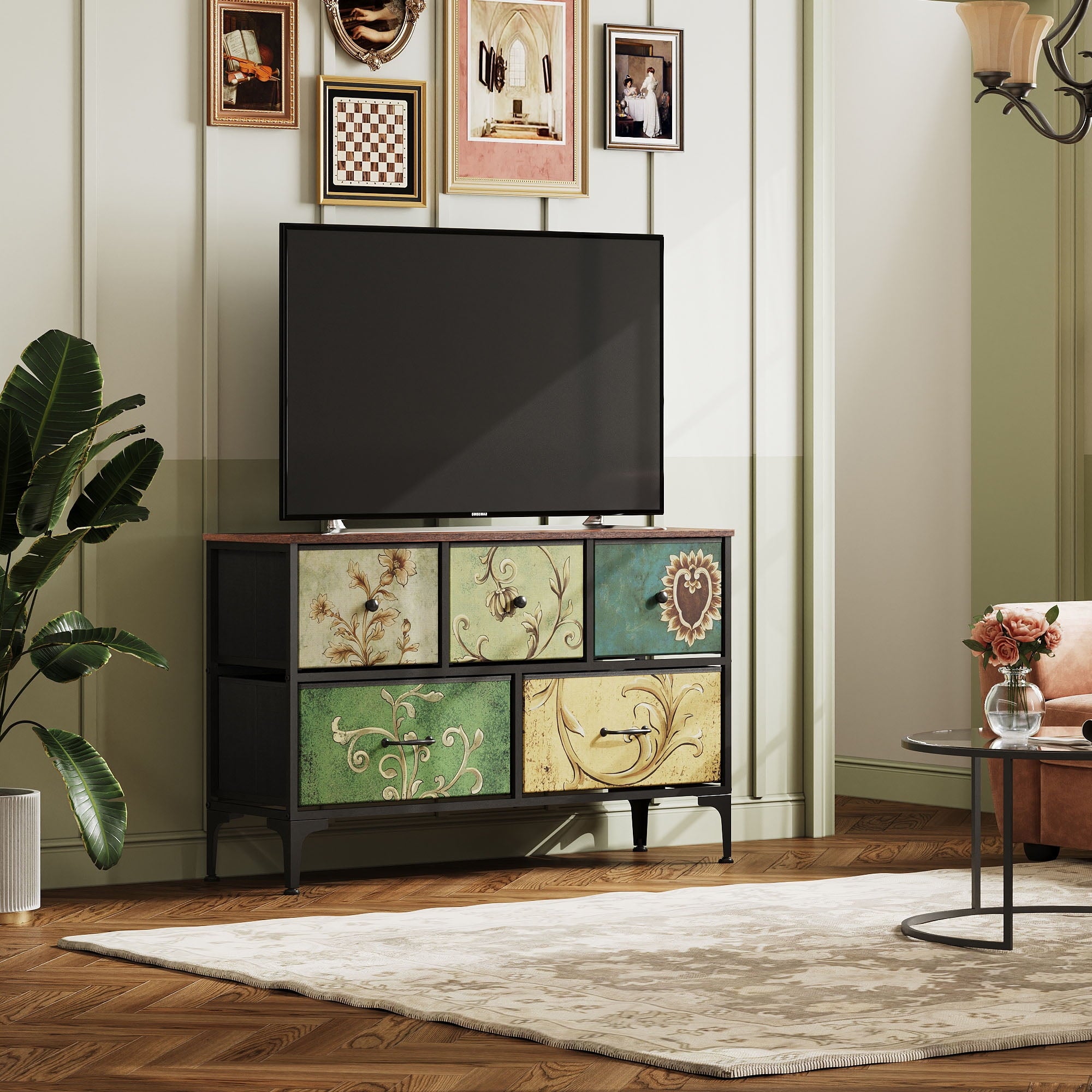 GALAXHERO 5-Drawer Wide Fabric Dresser Storage Organizer Unit, Chest of Drawers with Fabric Bins for Bedroom, Closet, Living Room, Hallway, Floral Painted