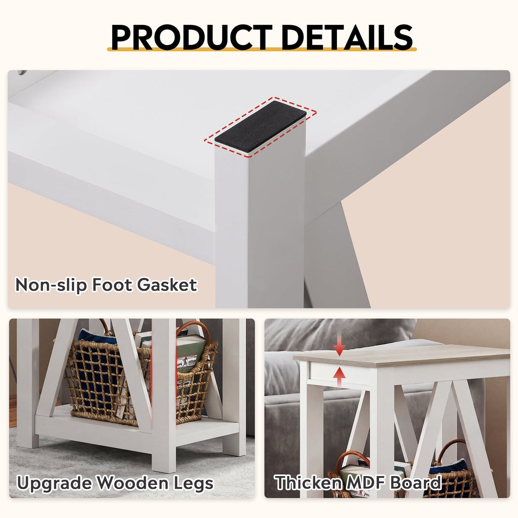GALAXHERO Narrow End Table with Charging Station and Open Storage Shelf, Sofa Side Table with 2 USB Ports and 2 Power Outlets, Slim Farmhouse End Table for Small Spaces, Bedroom, Living Room