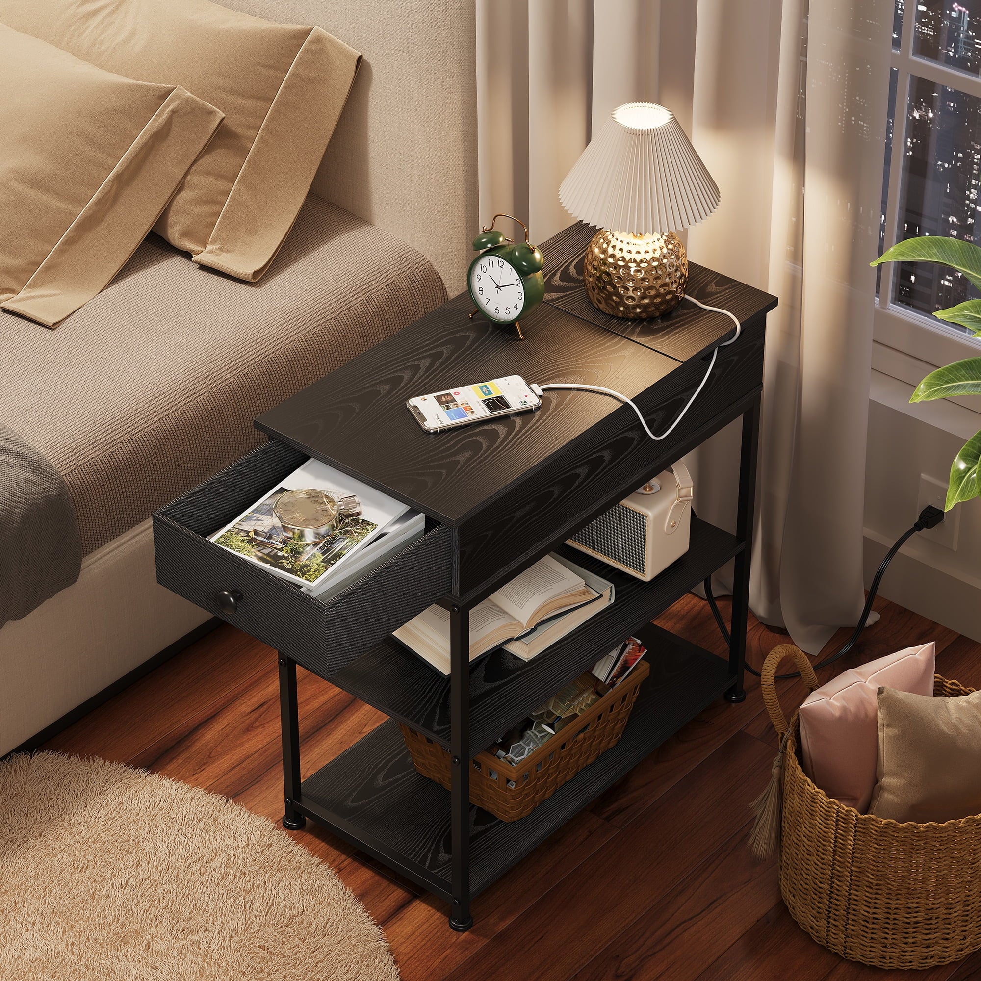 GALAXHERO Narrow Side Table with 2 USB Ports and 2 Outlets, Flip Top End Table with Drawer and Storage Shelves, End Stand with Charging Station for Living Room, Bedroom, Small Spaces,Black