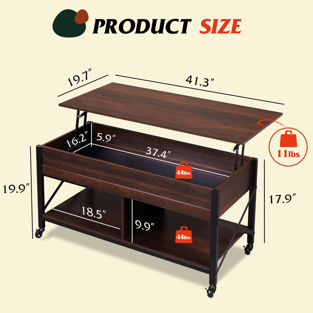 GALAXHERO Coffee Table, 41.3" Lift Top Coffee Table with 4 Wheels, Hidden Compartment, Storage Shelf and Lift Tabletop for Living Room, Reception Room