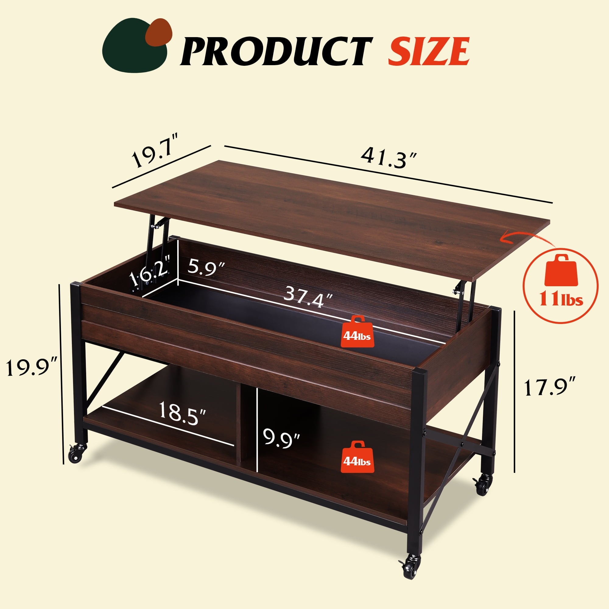 GALAXHERO Coffee Table, 41.3" Lift Top Coffee Table with 4 Wheels, Hidden Compartment, Storage Shelf and Lift Tabletop for Living Room, Reception Room