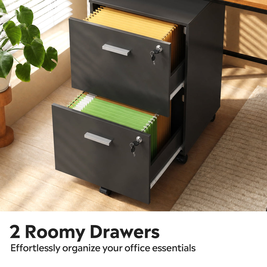 GALAXHERO 2 Drawer Filing Cabinet with Lock, Wooden Printer Stand with Storage for Home Office, Mobile Locking File Cabinet Fits Letter/A4 Hanging Files