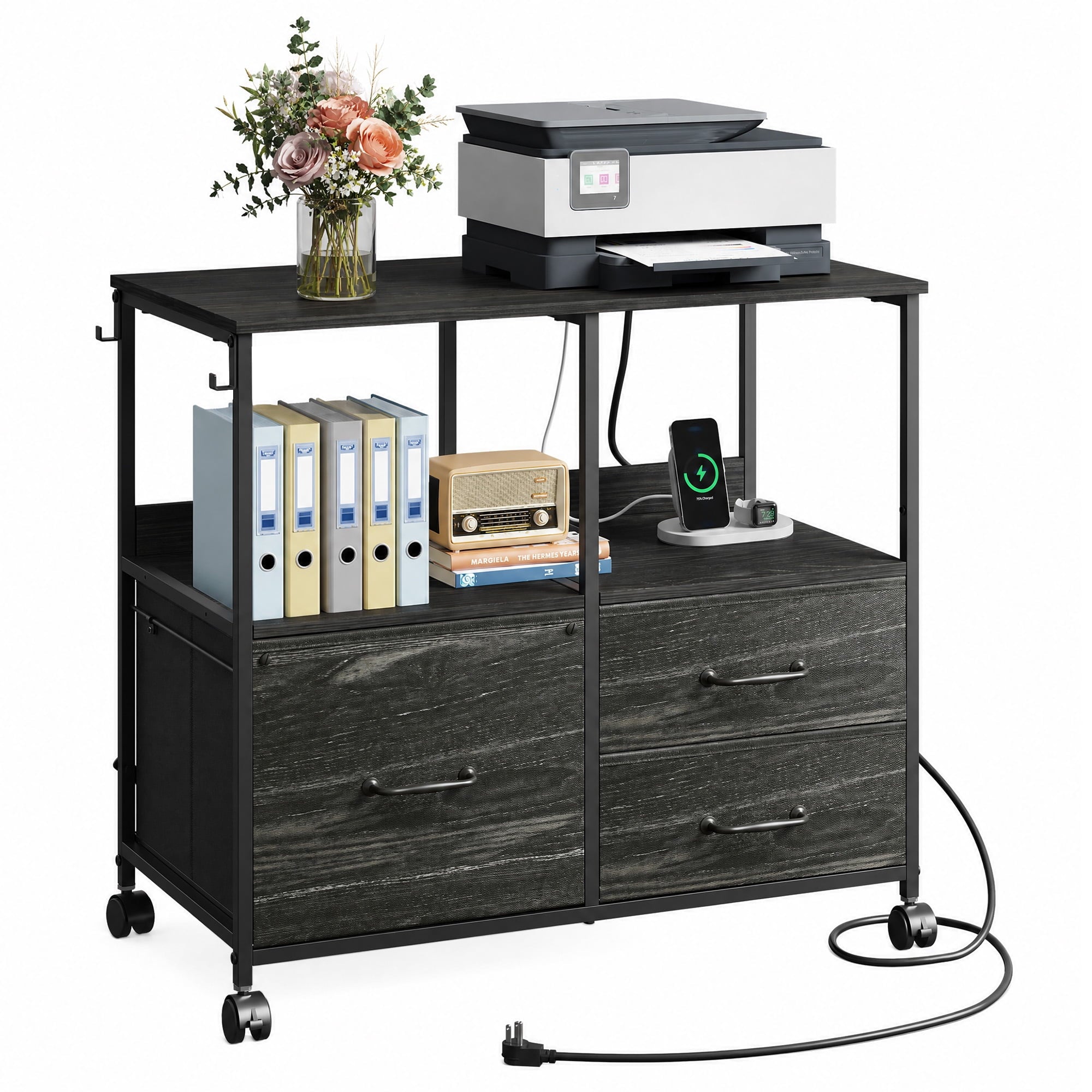 GALAXHERO 3 Drawer File Cabinet with Charging Station, Mobile Printer Stand with Storage Shelves, Filing Cabinet Furniture for Home Office, Fits Letter/A4
