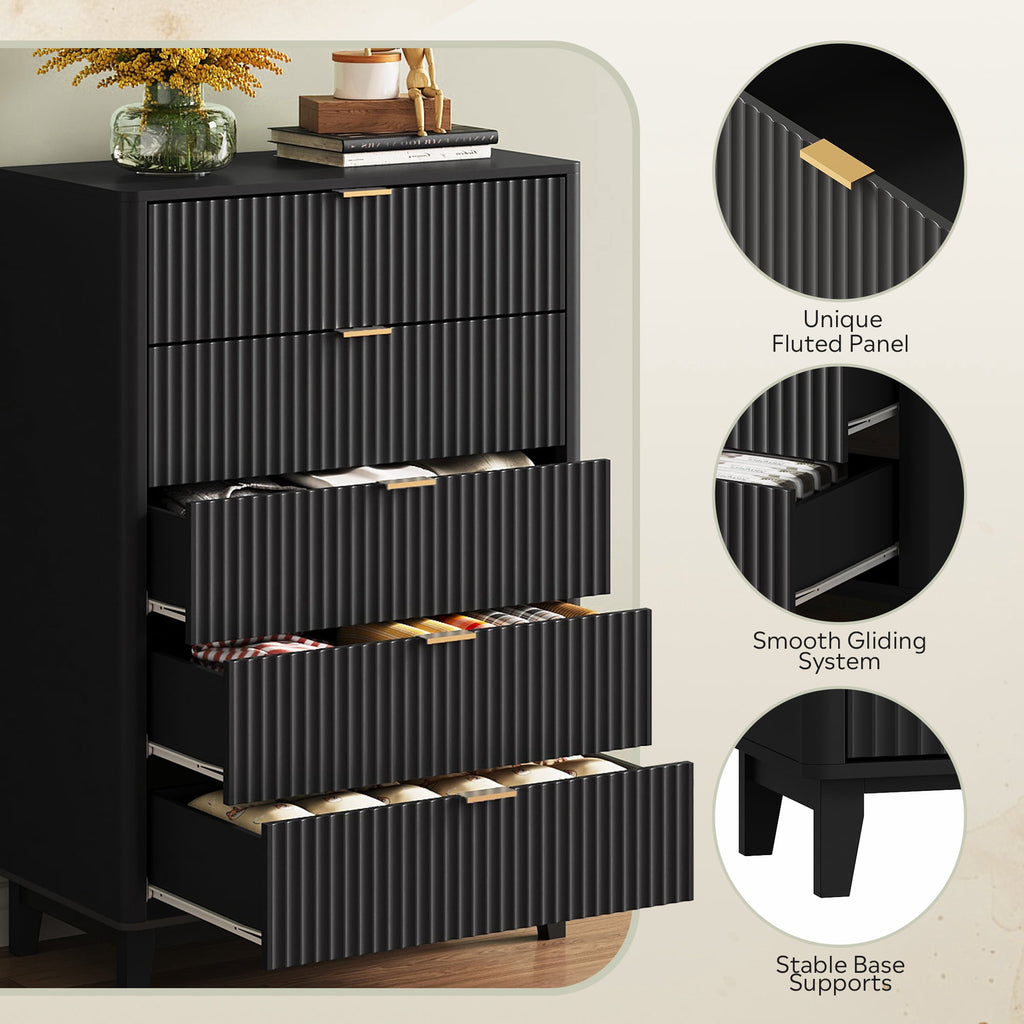 GALAXHERO 5 Drawers Dresser, Fluted Tall Dresser with Golden Metal Handles, Modern Chest of Drawers for Bedroom, Living Room, Hallway, Closet