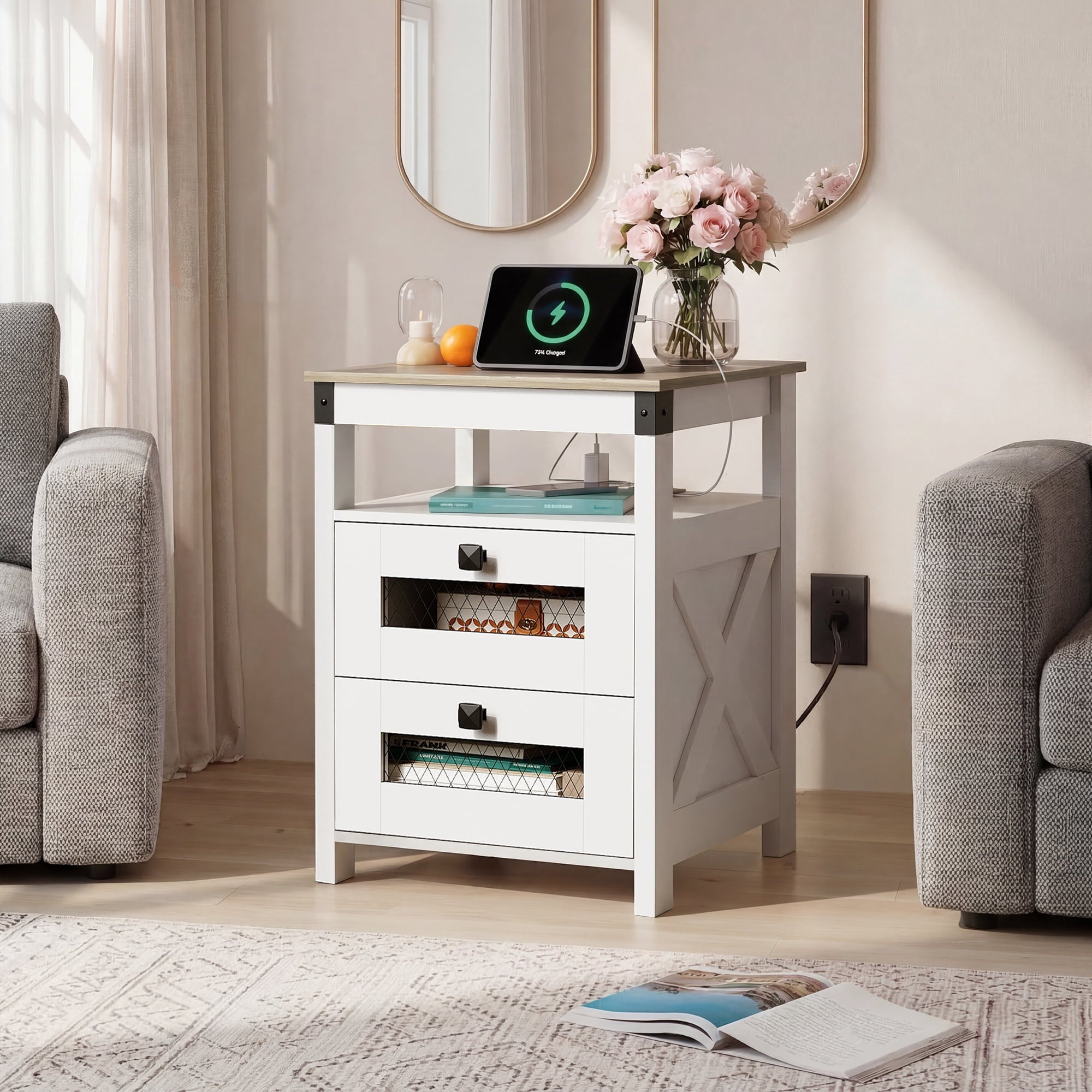 GALAXHERO Nightstand with Charging Station, Farmhouse End Table, Bed Side Table with 2 Storage Drawers and Open Shelf, Wood Rustic Nightstands for Bedroom