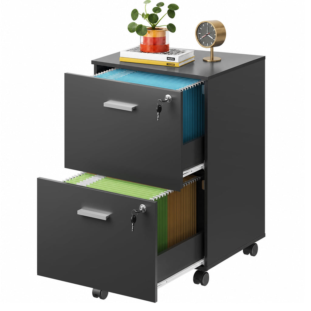 GALAXHERO 2 Drawer Filing Cabinet with Lock, Wooden Printer Stand with Storage for Home Office, Mobile Locking File Cabinet Fits Letter/A4 Hanging Files