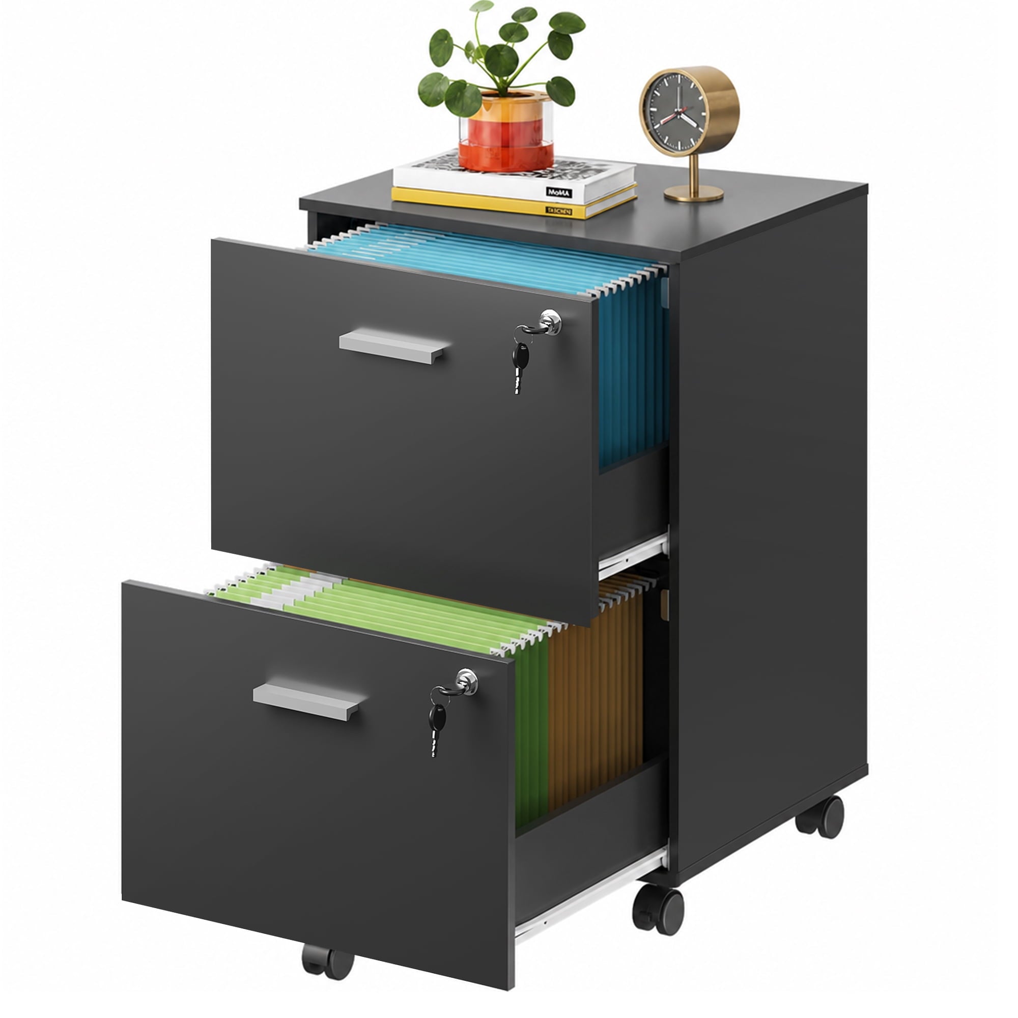 GALAXHERO 2 Drawer Filing Cabinet with Lock, Wooden Printer Stand with Storage for Home Office, Mobile Locking File Cabinet Fits Letter/A4 Hanging Files
