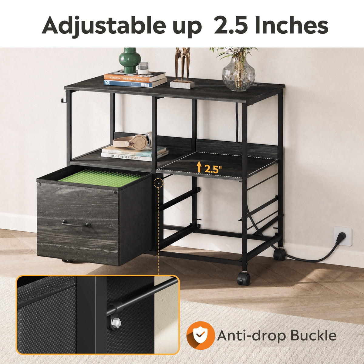 GALAXHERO 3 Drawer File Cabinet with Charging Station, Mobile Printer Stand with Storage Shelves, Filing Cabinet Furniture for Home Office, Fits Letter/A4