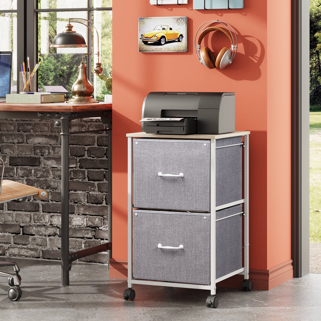 GALAXHERO 2 Drawer File Cabinet, Rolling Printer Stand Filing Cabinets for Home Office, Fabric Vertical File Cabinet Fits A4 or Letter Size, Wood Grain Print