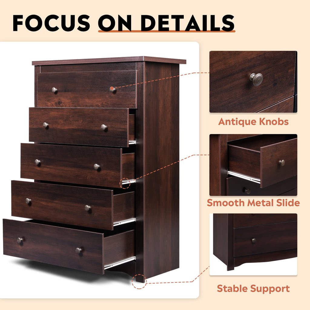 GALAXHERO 5 Drawer Dresser for Bedroom, Retro Wood Chest of Drawers, Tall Dresser with Round Metal Handle for Living Room, Hallway, Closet
