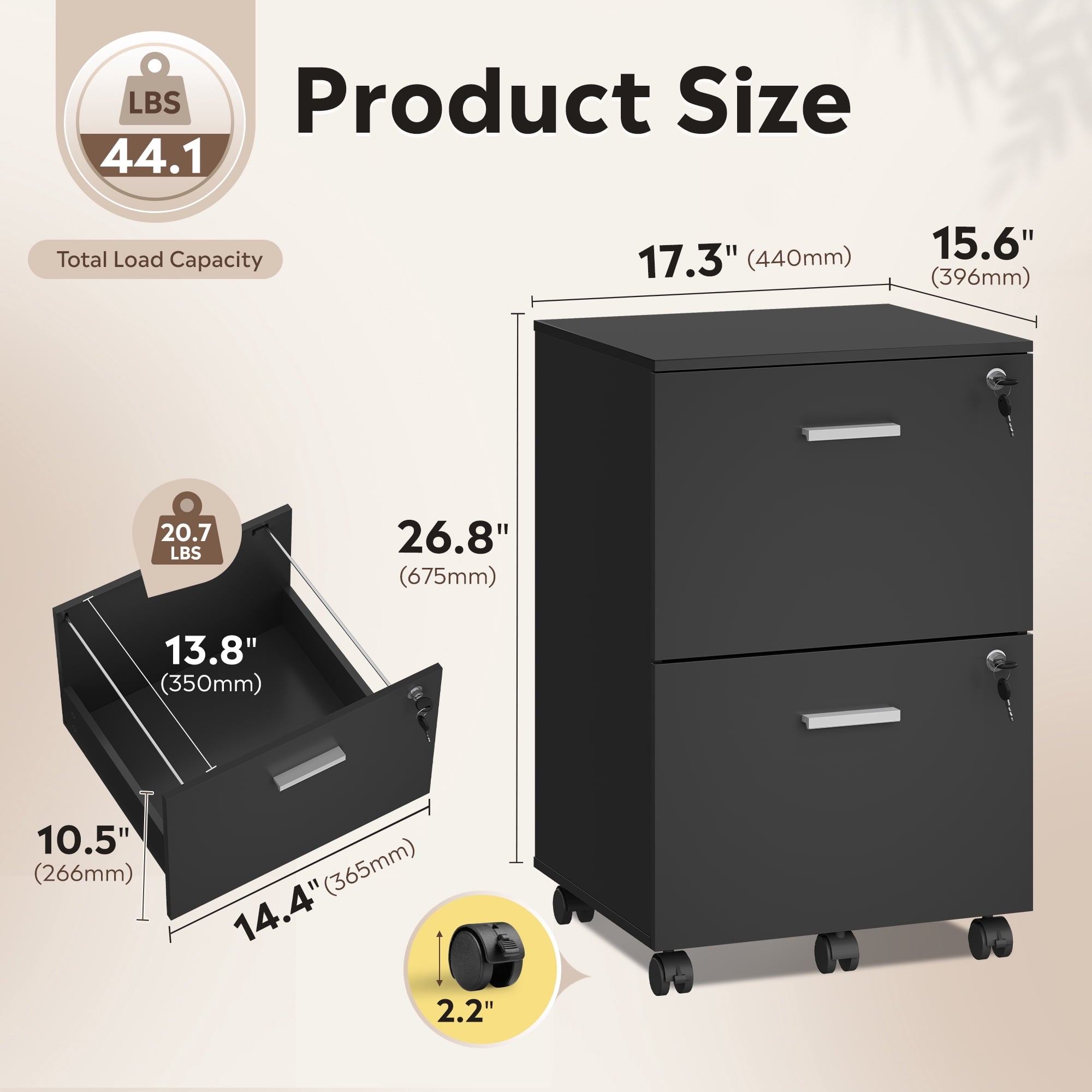 GALAXHERO 2 Drawer Filing Cabinet with Lock, Wooden Printer Stand with Storage for Home Office, Mobile Locking File Cabinet Fits Letter/A4 Hanging Files