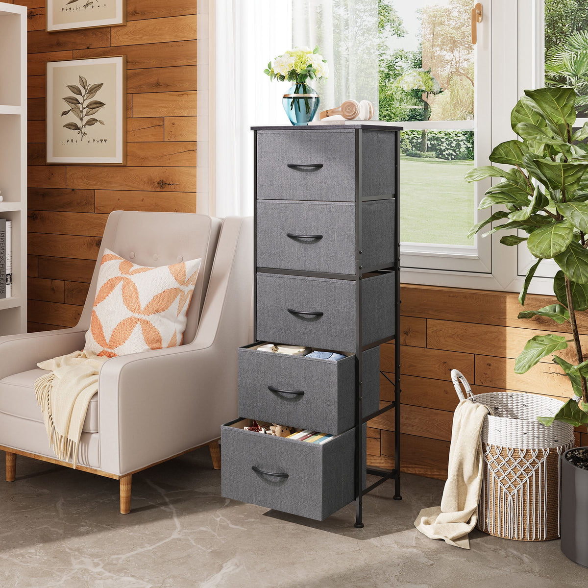 GALAXHERO 5-Drawer Tall Fabric Dresser with Wood Top, Storage Organizer Chest for Bedroom, Closet, Hallway, Sturdy Steel Frame