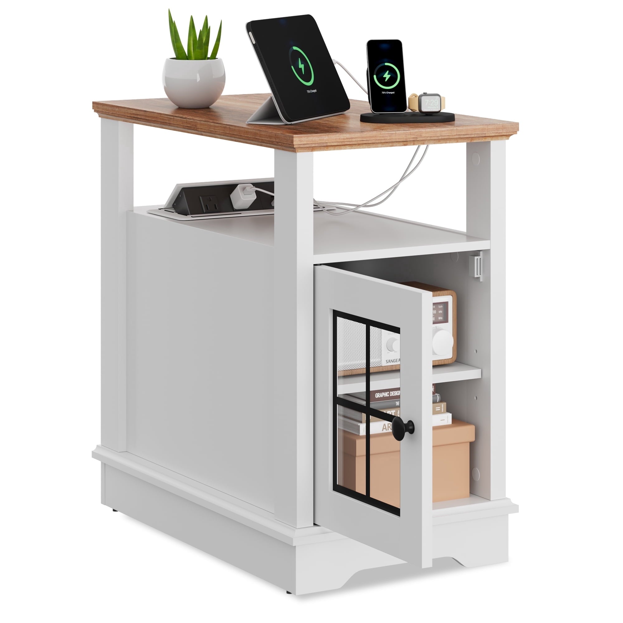 GALAXHERO Farmhouse End Table with Storage Narrow Side Table for Living Room  Small Table with USB Ports and Outlets for Bedroom