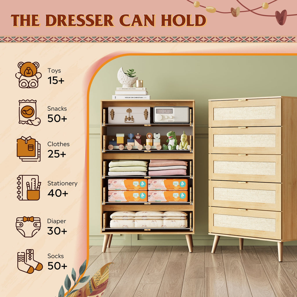 GALAXHERO Rattan 5 Drawer Dresser, Wooden Chest of Drawers, Boho Tall Dresser Closet Storage Organizer for Bedroom, Living Room, Hallway, Light Oak
