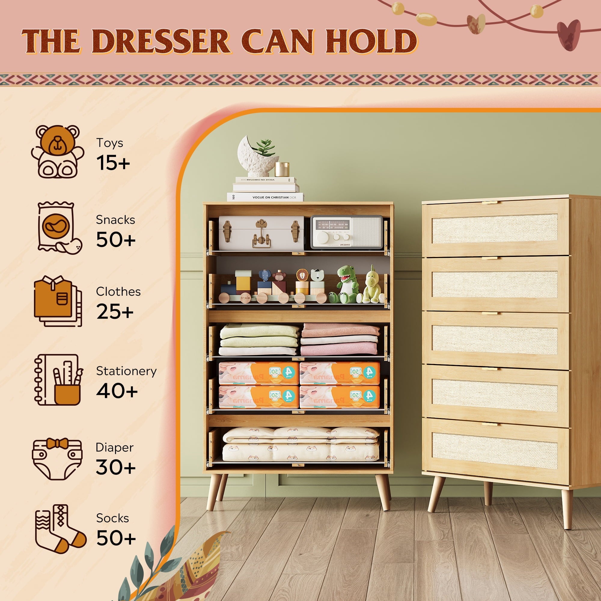 GALAXHERO Rattan 5 Drawer Dresser, Wooden Chest of Drawers, Boho Tall Dresser Closet Storage Organizer for Bedroom, Living Room, Hallway, Light Oak