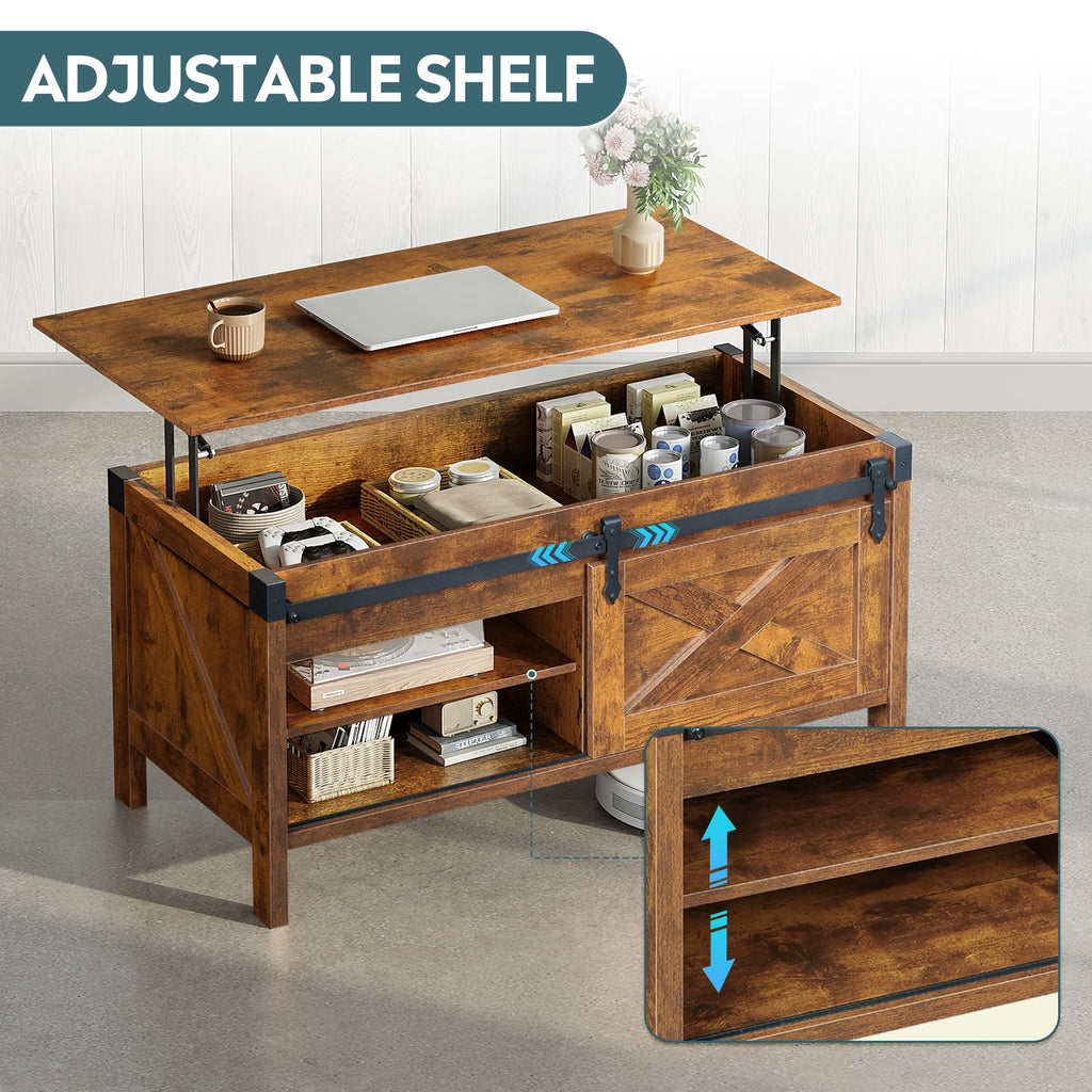 GALAXHERO 39.4" Farmhouse Large Coffee Table Lift Top Coffee Table with Hidden Storage Compartment Sliding Barn Doors Modern Wood Center Table for Living Room
