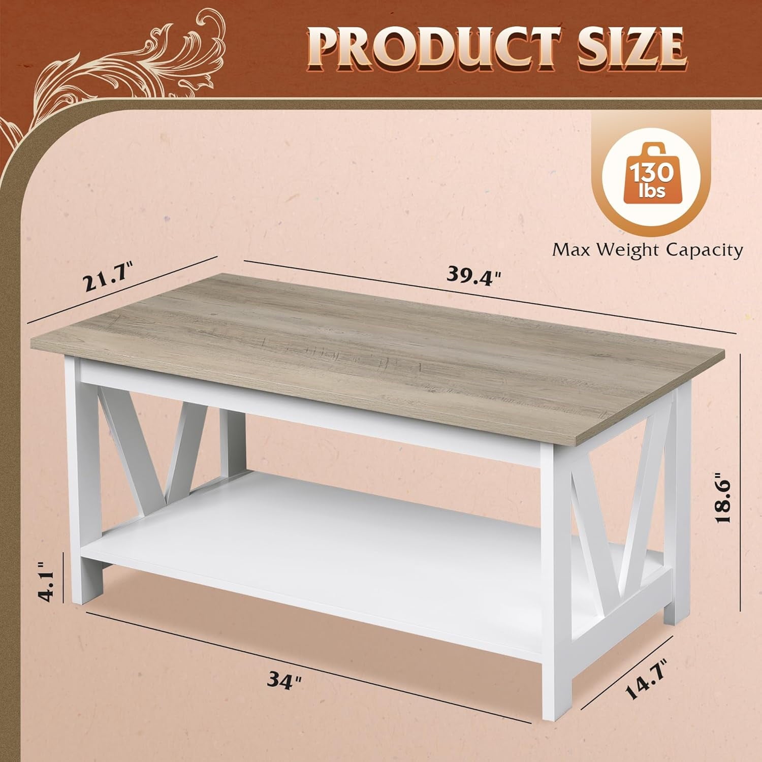 GALAXHERO 39.4" Coffee Table with Storage Shelf Farmhouse Coffee Table with V-Frame Support 2-Tier Wood Rustic Center Table for Living Room, Bedroom & Balcony