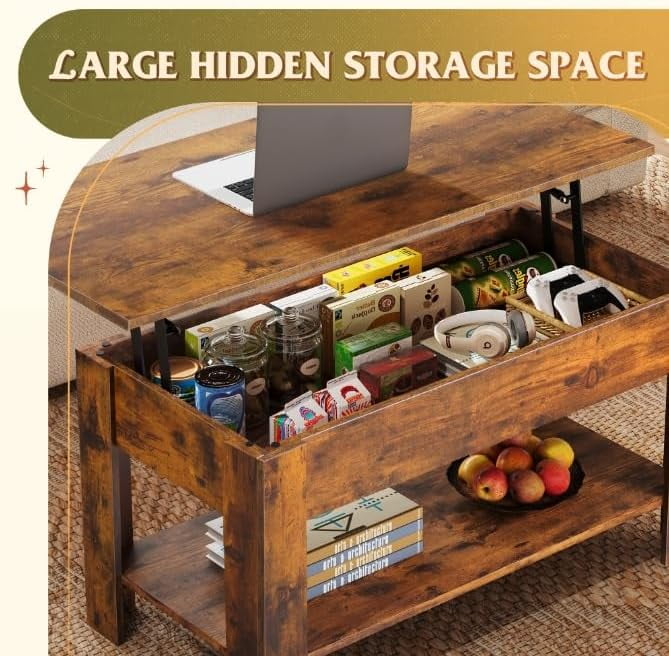 GALAXHERO 39" Lift Top Coffee Table with Storage Shelf & Hidden Compartment and Lifting Top for Home Living Room Office and Reception Room Rustic Brown