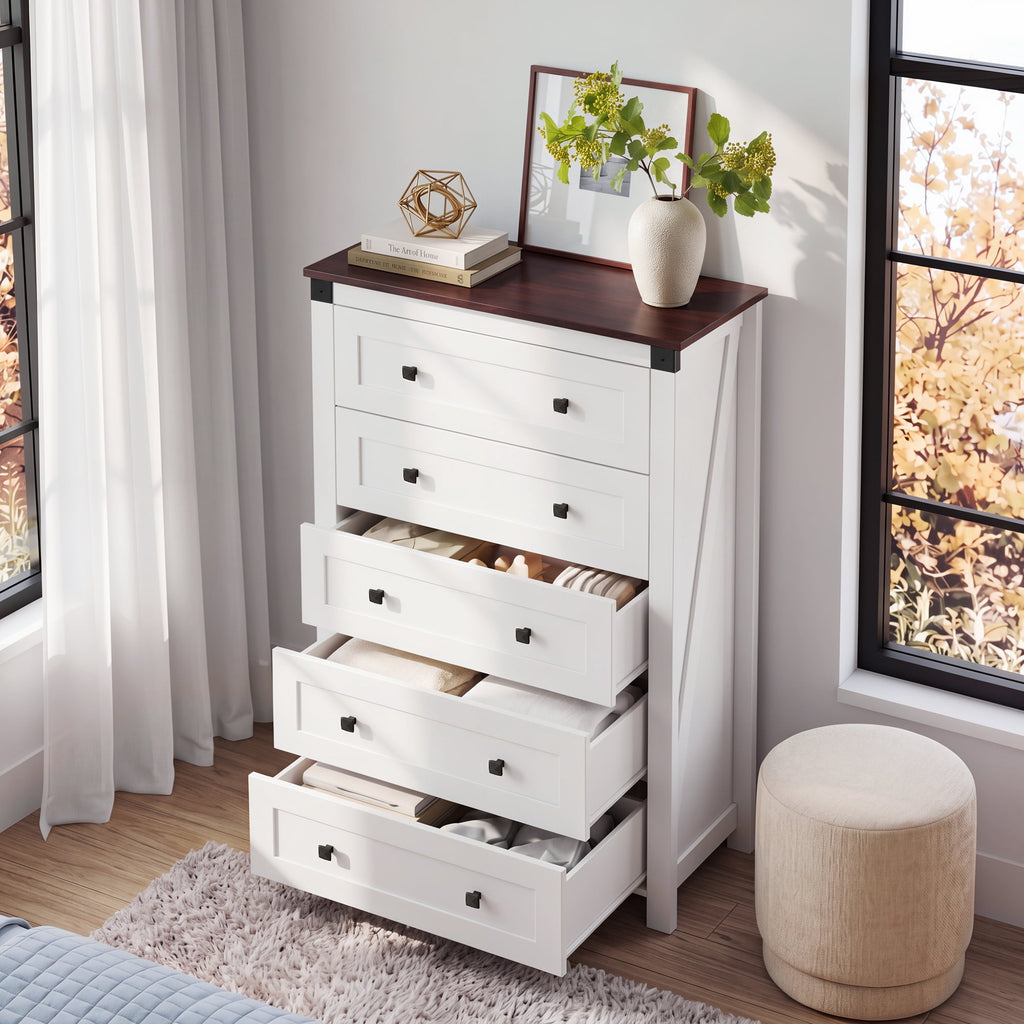GALAXHERO Farmhouse 5 Drawer Dresser,Tall Dresser with Double Rustic Handles, Wood Chest of Drawers for Bedroom, Living Room, Hallway
