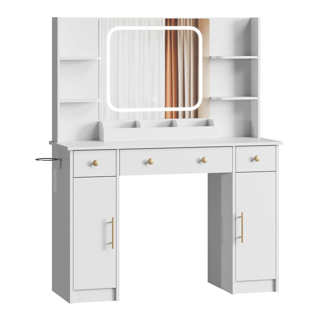 GALAXHERO White Vanity Desk with Lighted Mirror and Chair, RGB Lights, Charging Station, Makeup Table with 3 Drawers and 2 Cabinets, Vanity Stools with Storage for Bedroom