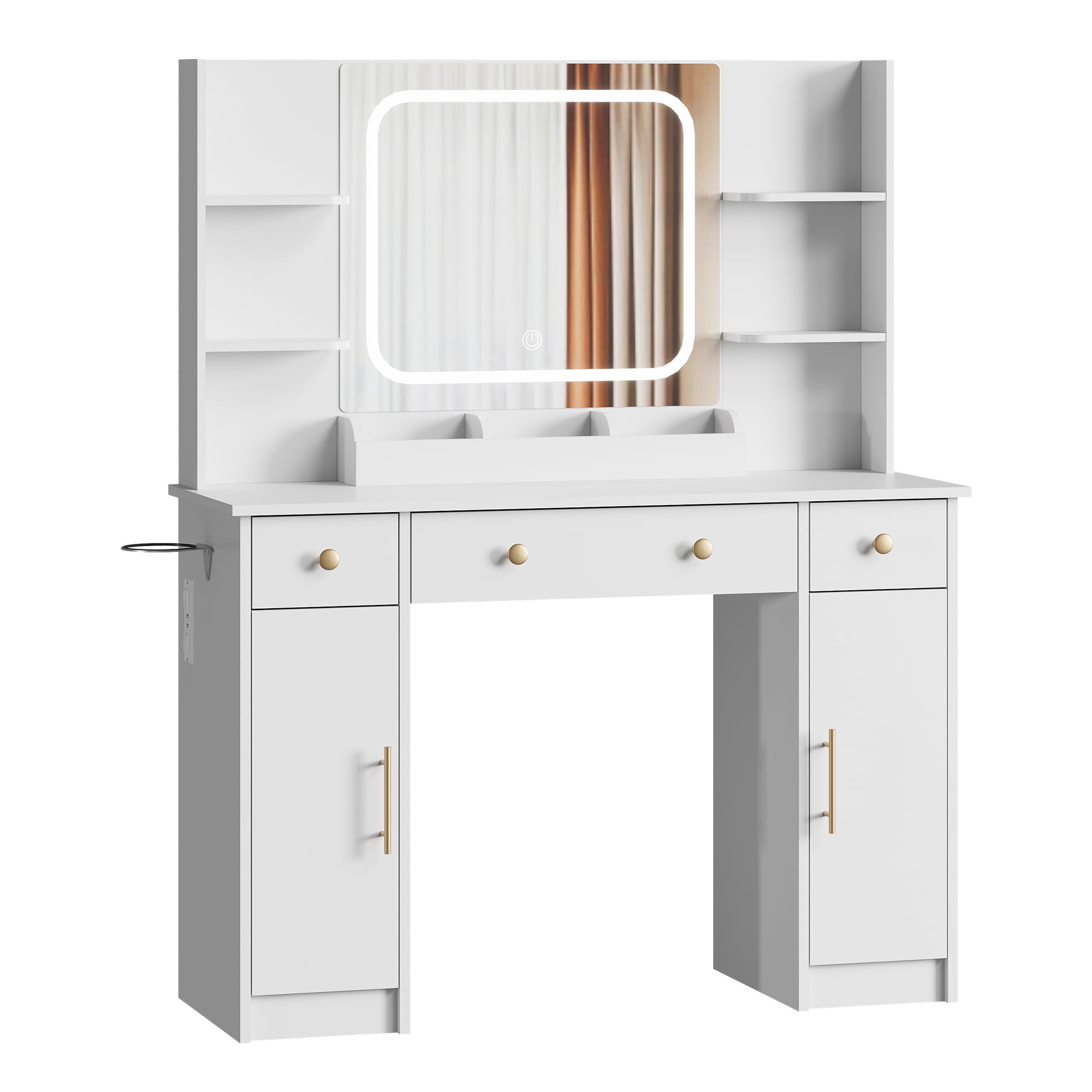 GALAXHERO White Vanity Desk with Lighted Mirror and Chair, RGB Lights, Charging Station, Makeup Table with 3 Drawers and 2 Cabinets, Vanity Stools with Storage for Bedroom